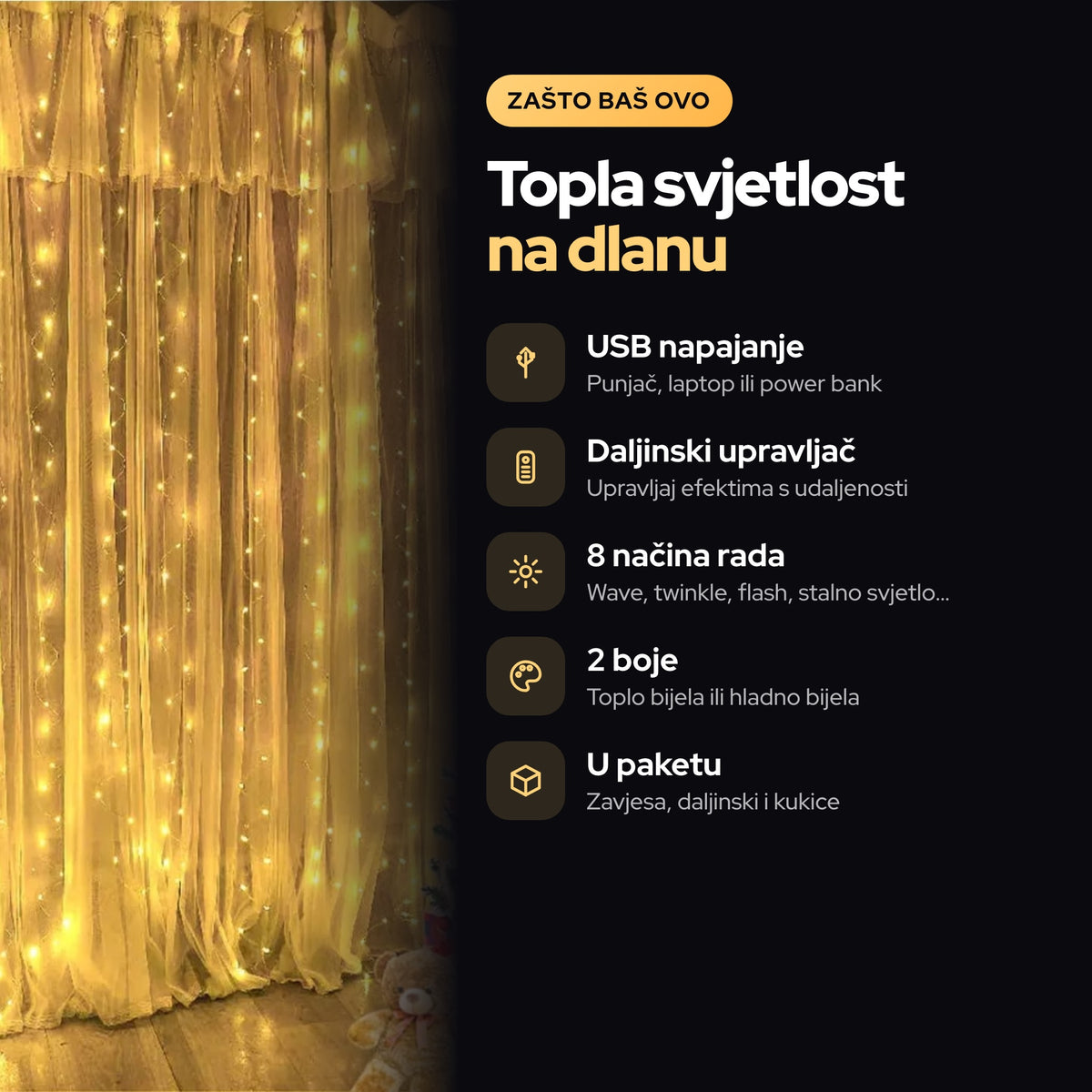 Božićna Svjetlosna Zavjesa s USB Napajanjem – prednosti