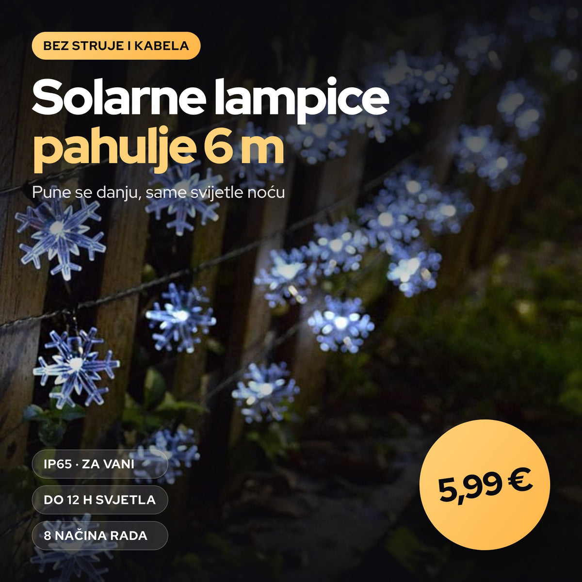 Solarne Božićne lampice - Pahulja 6m